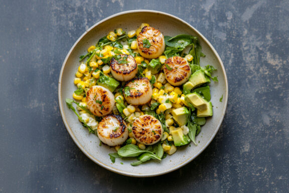 Butter-Basted Scallops with Sweet Corn & Creamy Avocado Salad on a plate