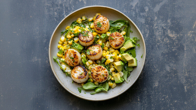 Butter-Basted Scallops with Sweet Corn & Creamy Avocado Salad on a plate