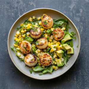 Butter-Basted Scallops with Sweet Corn & Creamy Avocado Salad on a plate