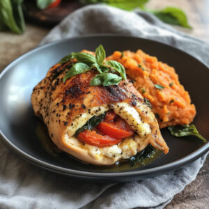 Caprese Stuffed Chicken with Sweet Potato Mash on a plate