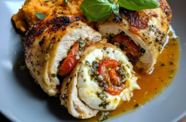 Caprese Stuffed Chicken with Sweet Potato Mash on a plate