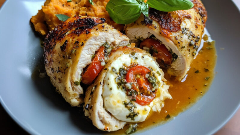 Caprese Stuffed Chicken with Sweet Potato Mash on a plate