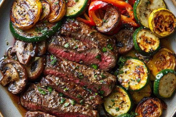 Rib-Eye Steak au Poivre with Roasted Veggies on a plate