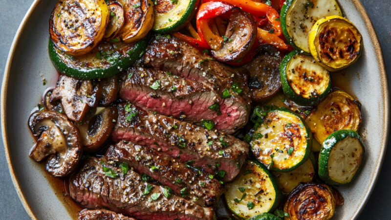 Rib-Eye Steak au Poivre with Roasted Veggies on a plate