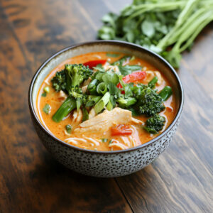 Creamy Red Thai Curry Soup with Chicken & Rice Noodles in a bowl