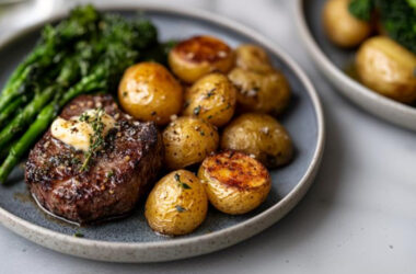 Filet Mignon with Garlic Butter & Air-Fried Potatoes on a plate