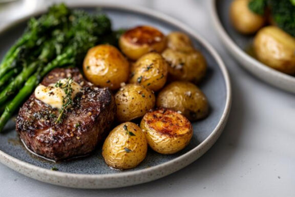 Filet Mignon with Garlic Butter & Air-Fried Potatoes on a plate