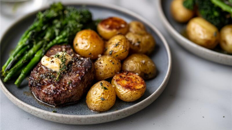 Filet Mignon with Garlic Butter & Air-Fried Potatoes on a plate