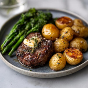 Filet Mignon with Garlic Butter & Air-Fried Potatoes on a plate