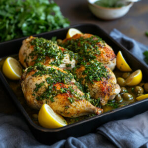 Lemon Pepper Roasted Chicken with Salsa Verde on a tray