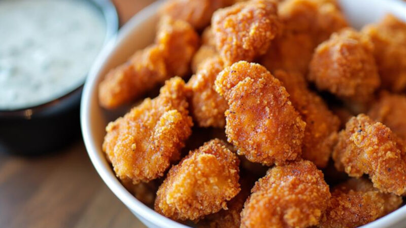 Nashville Hot Chicken Nuggets in a bowl with mayo at the side