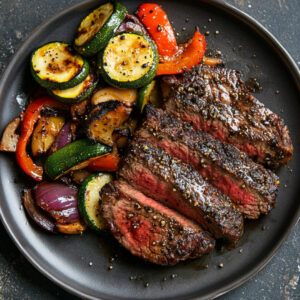 Rib-Eye Steak au Poivre with Roasted Veggies on a plate