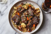 Spaghetti with Red Wine Braised Short Ribs on a plate