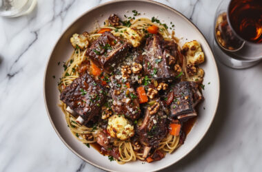 Spaghetti with Red Wine Braised Short Ribs on a plate