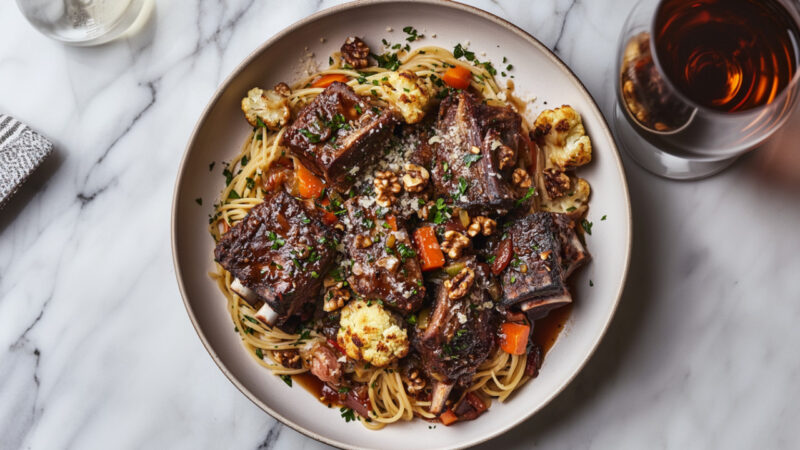 Spaghetti with Red Wine Braised Short Ribs on a plate