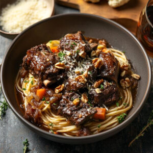 Spaghetti with Red Wine Braised Short Ribs in a bowl