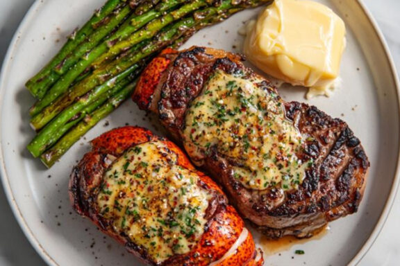 Surf and Turf Ribeye Steak & Lobster on a plate