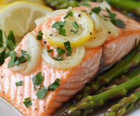 Poached Salmon with Fennel Compote and Roasted Asparagus