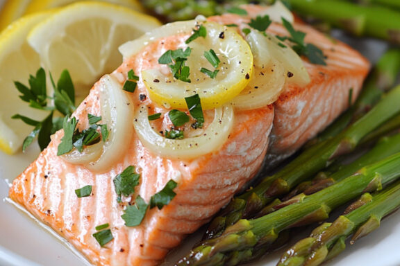 Poached Salmon with Fennel Compote and Roasted Asparagus on a plate