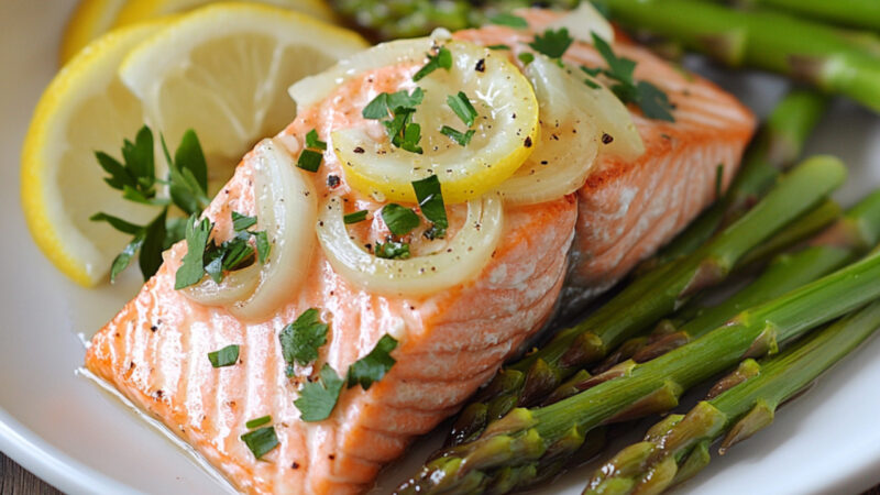 Poached Salmon with Fennel Compote and Roasted Asparagus on a plate