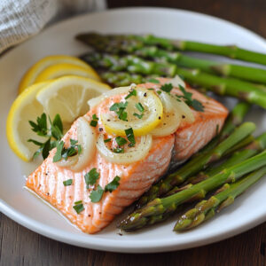 Poached Salmon with Fennel Compote and Roasted Asparagus on a plate