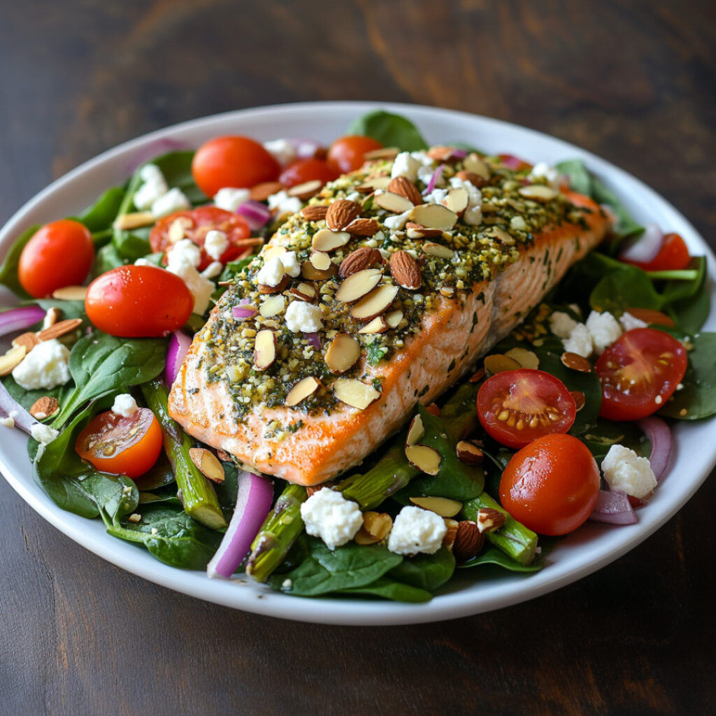 Pistachio Herb Crusted Salmon with Asparagus Spinach Salad on a plate