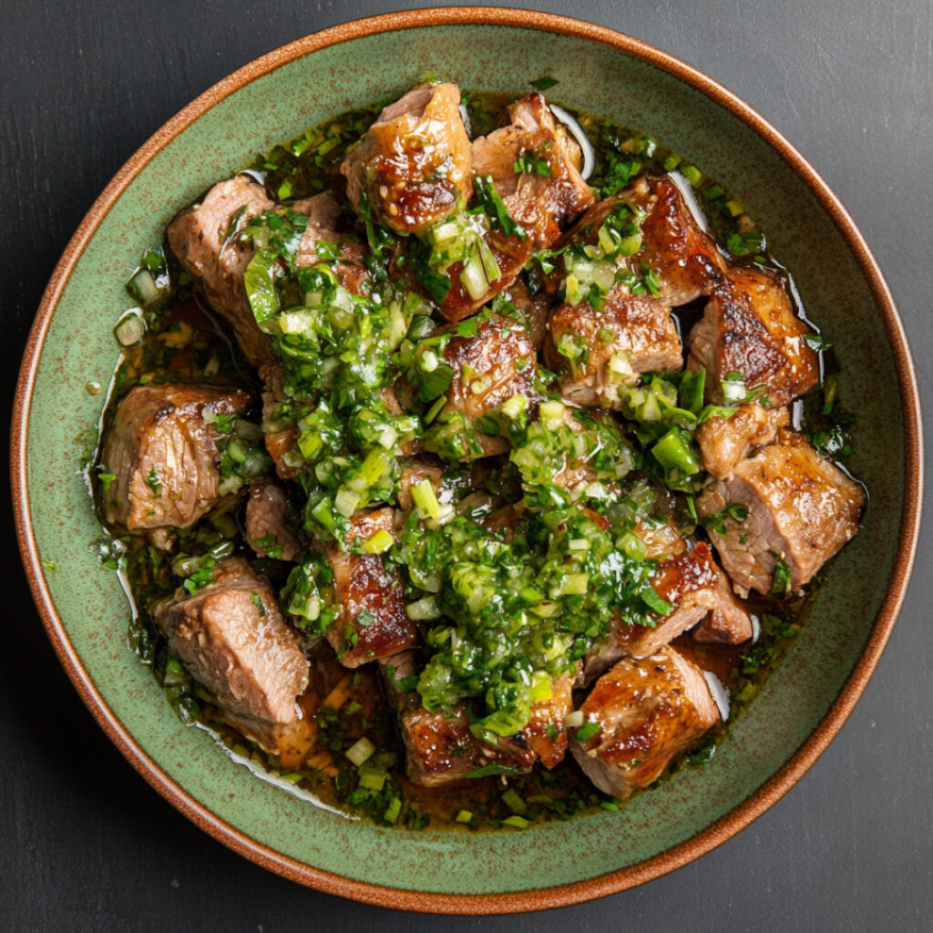 Scallion-Braised Pork with Green Salsa in a bowl