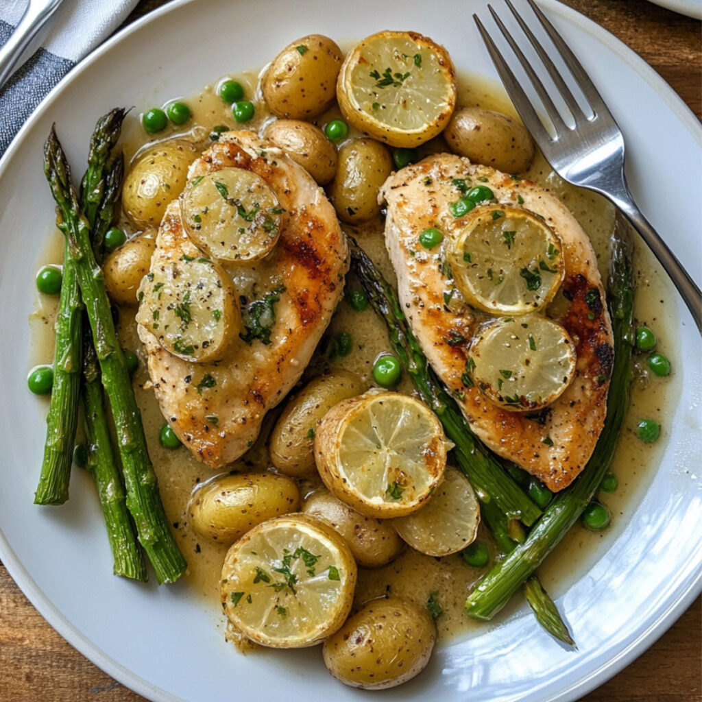 Spring Chicken Piccata with New Potatoes, Blanched Sweet Peas & Asparagus on a plate