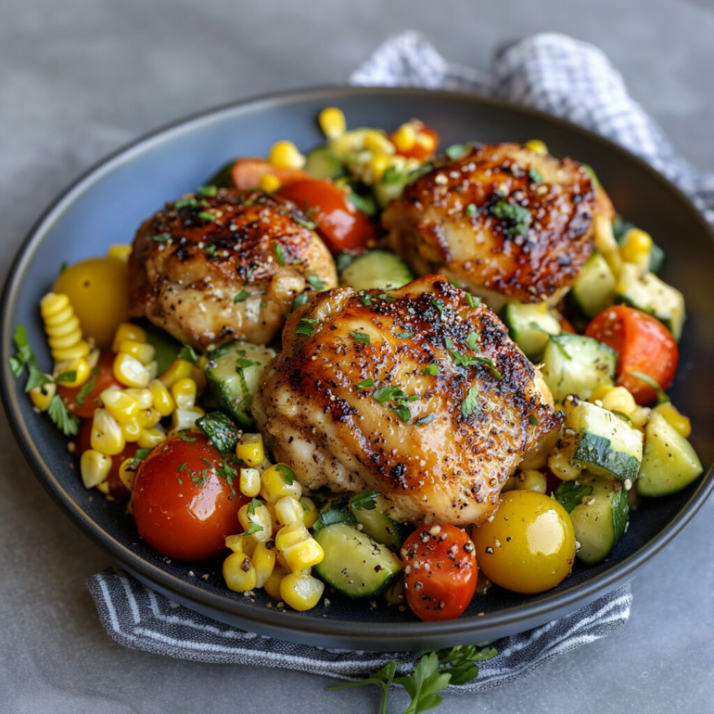 BBQ Reverse-Seared Chicken Thighs with Summer Corn, Tomato & Zucchini Salad on a plate