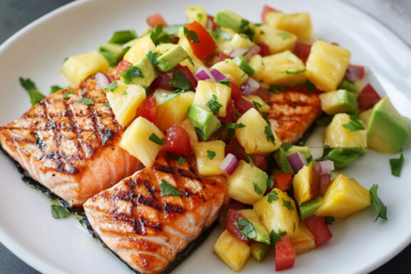 Easy Summer Grilled Salmon with Pineapple-Avocado Salsa on a plate