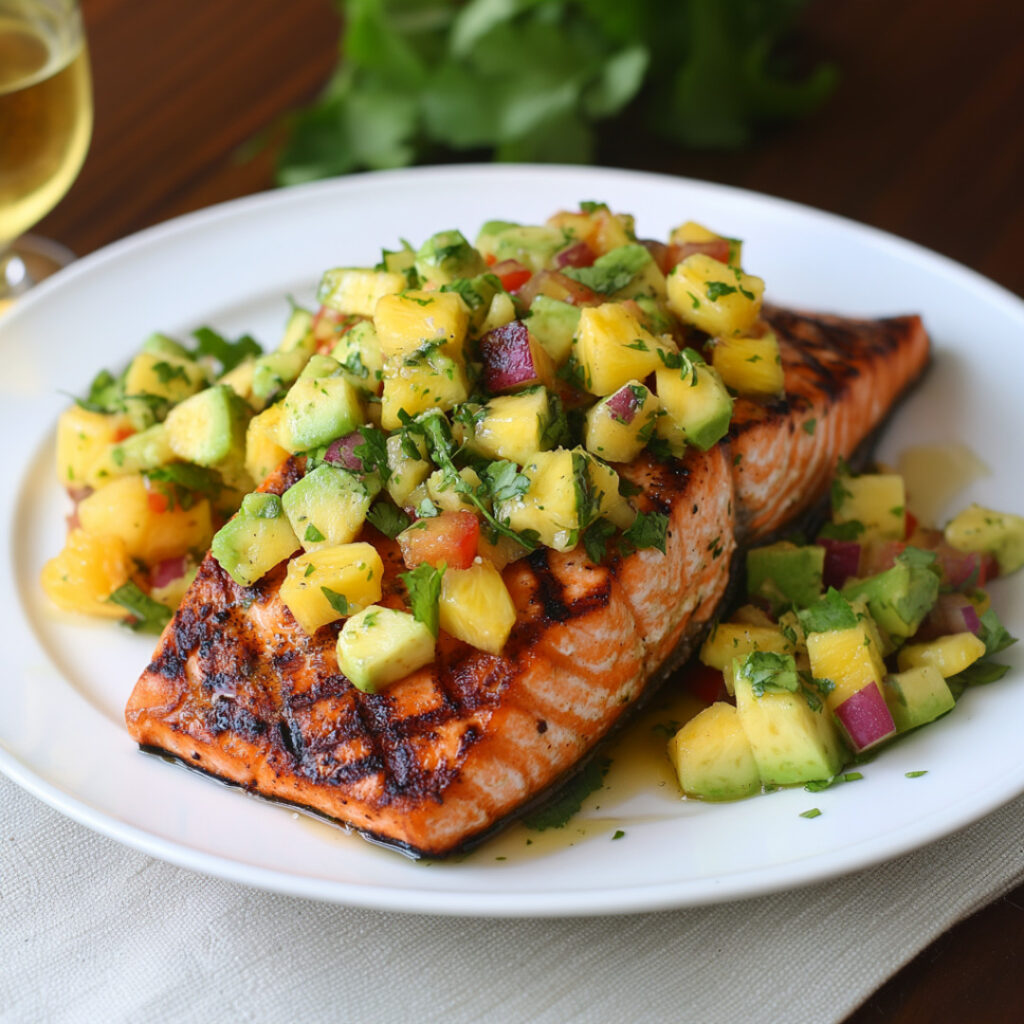 Easy Summer Grilled Salmon with Pineapple-Avocado Salsa on a plate