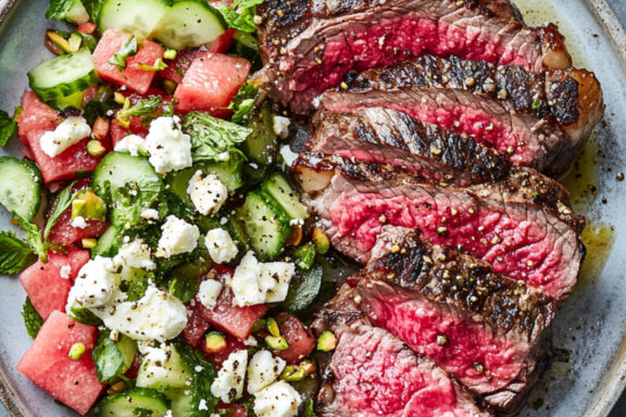 Reverse-Seared Ribeye Steak with Watermelon & Feta Salad on a plate
