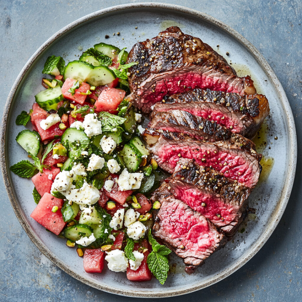 Reverse-Seared Ribeye Steak with Watermelon & Feta Salad on a plate