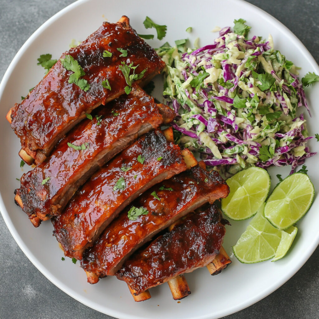 Easy BBQ Hot Honey Party Ribs with Honey-Lime Slaw on a plate