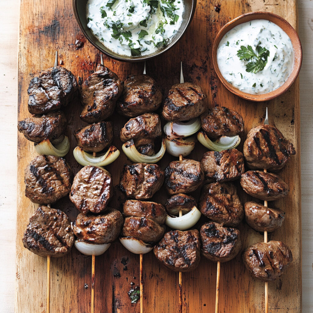 Steak Kabobs with Yogurt BBQ Marinade on a chopping board