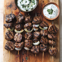 Steak Kabobs with Yogurt BBQ Marinade on a chopping board