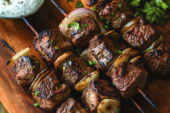 Steak Kabobs with Yogurt BBQ Marinade on a chopping board