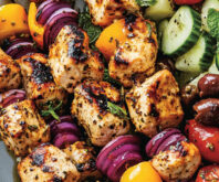 Yogurt-Marinated Chicken Skewers (Pan-Cooked) with Greek Salad
