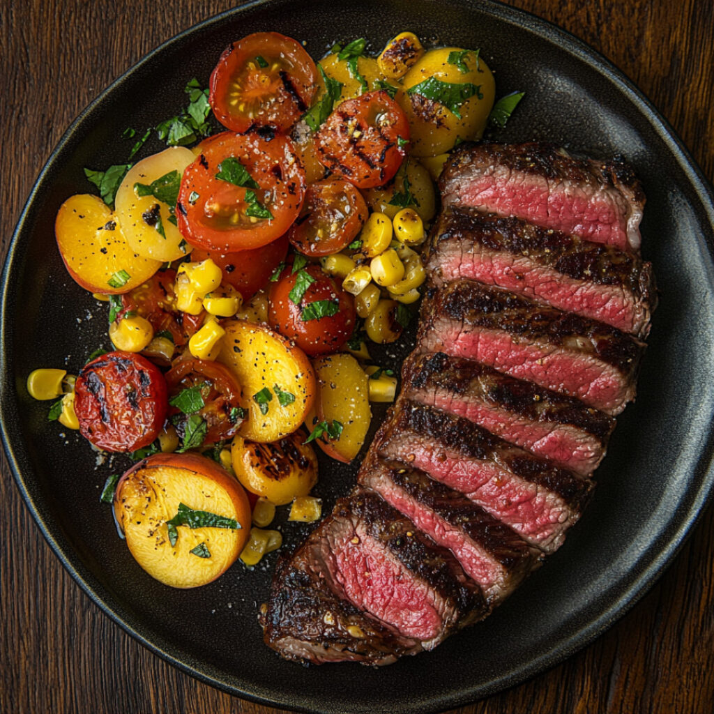 Grilled NY Strip with Tomato, Corn & Peach Salad