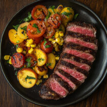 Grilled NY Strip with Tomato, Corn & Peach Salad