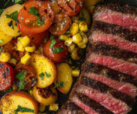 Grilled NY Strip with Tomato, Corn & Peach Salad