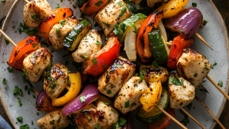 Oven-Baked Chicken Kebabs with Summer Vegetables