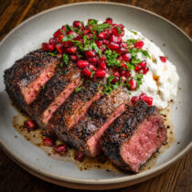 Coffee-Rubbed Filet Mignon with Garlic Labneh & Pomegranate Sparkle on a plate