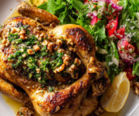 Marcella Hazan-Inspired Extra Lemony Whole Roasted Chicken with Walnut Sauce and Fattouch Salad