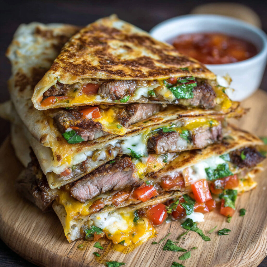 Loaded NY Strip Steak Quesadilla on a chopping board