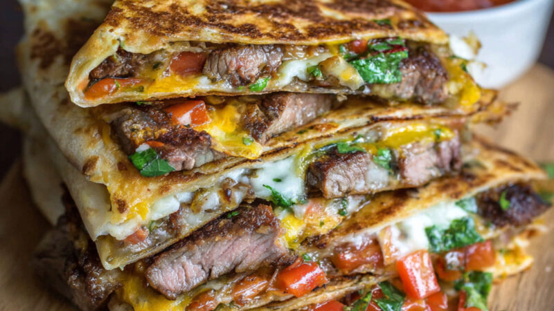 Loaded NY Strip Steak Quesadilla on a chopping board