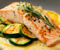 Salmon in Papillote with Sweet Corn Puree and Seared Zucchini