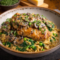 Chicken Marsala with Creamy Spinach & Pea Orzo on a plate