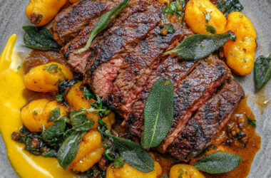 Ribeye Steak with Pumpkin Gnocchi and Crispy Sage on a plate