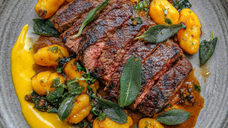 Ribeye Steak with Pumpkin Gnocchi and Crispy Sage on a plate